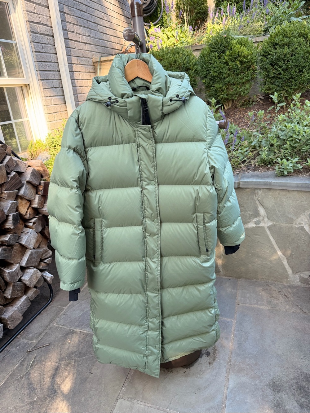 Quince Long Puffer Coat in Sage Green with hoody